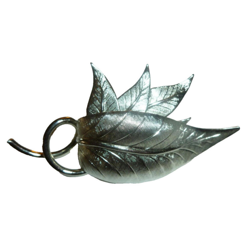 Vintage Leaf Brooch Silver Tone Detailed Curled Pin Stem Textured